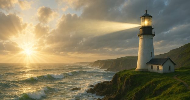 Lighthouse on a coastal cliff at sunrise as a symbol of guidance and healing