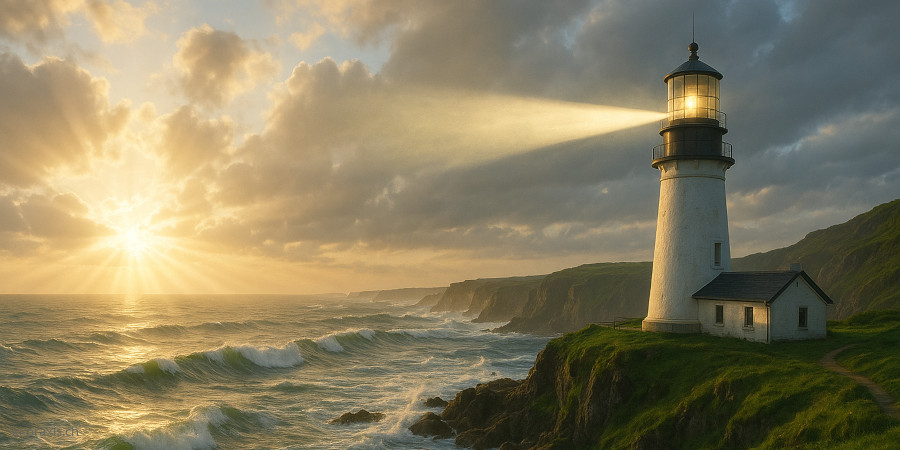 Leuchtturm auf einer Klippe nach dem Sturm - ein Licht der Orientierung