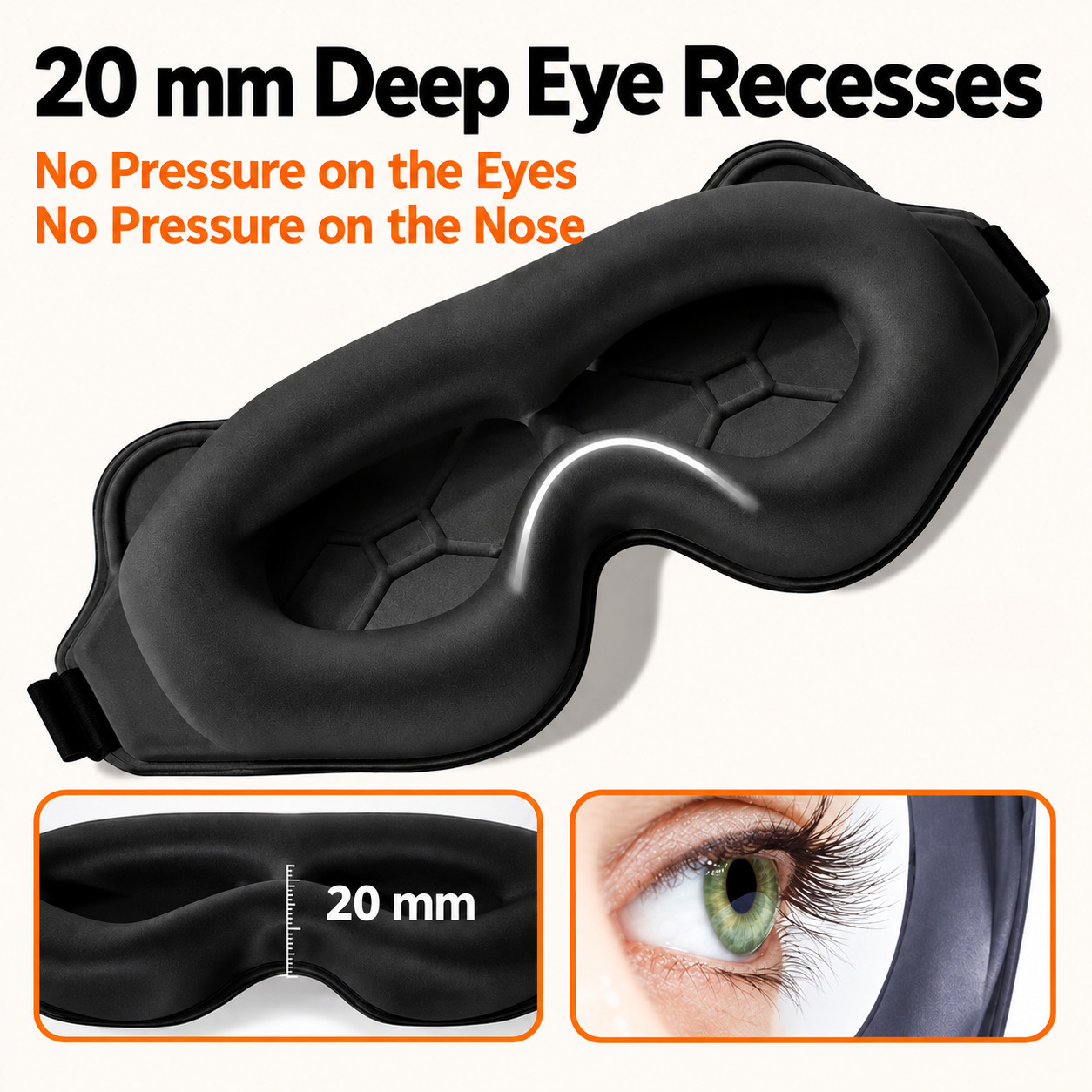Meditation mask - 20 mm deep eye recesses with no pressure on the eyes