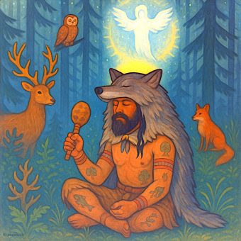 Shaman praying in the woods